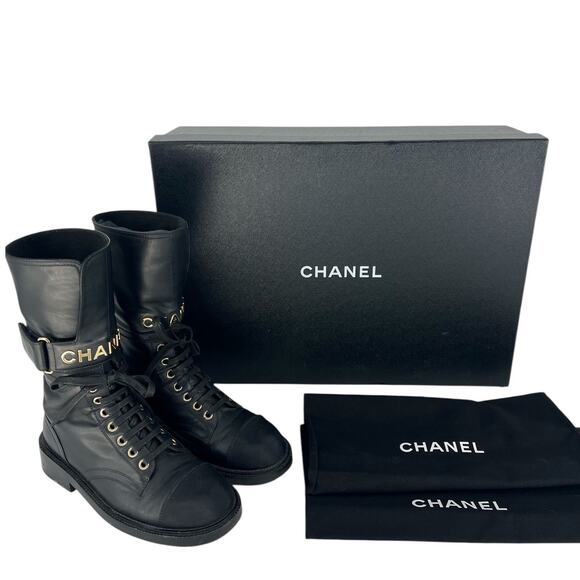 Chanel 2021 Interlocking CC Logo Leather Combat Boots - Picture 2 of 16